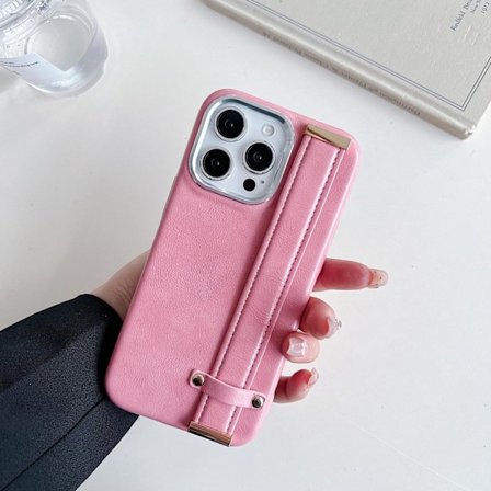 Etui til iPhone 14PRO rosa vokset skinn armbånd anti-fall full metallring