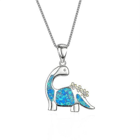 (blå) Söt dinosauriehalsband 925 Sterling Silver Opal smycken