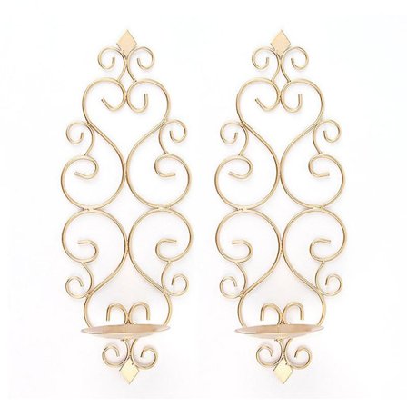 Sæt med 2 jernvægslysestager til ophængning på væggen, vægmonterede søjlelysestager, vægdekoration til soveværelse, spisestue, guld