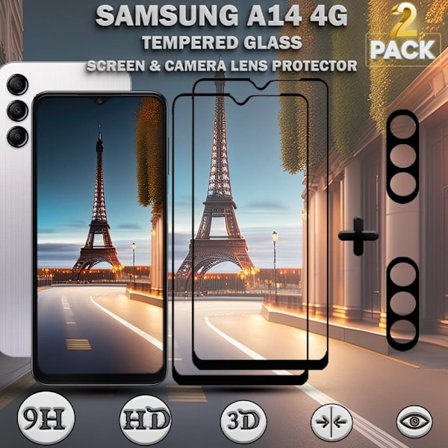 2-Pack SAMSUNG A14 Skærmbeskyttelse & 2-Pack linsebeskyttelse - Hærdet Glas 9H - Super kvalitet 3D