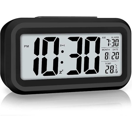 LED-display digitalt vækkeur, batteridrevet, smart nattelys, nem betjening, ur til børn, tunge sovende, soveværelsesur (sort)