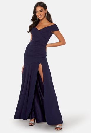Goddiva-Bardot Pleat Maxi Split Dress-XL (UK16)