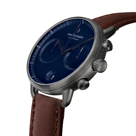Nordgreen Men's Scandinavian Wrist Watch - Silver Case - Navy Dial - Dark Brown Leather Watch Strap Pioneer White Dial Chronograph