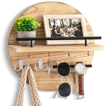 Rund nøkkelholder i tre med oppbevaringsbrett og krokdesign, perfekt for gang, korridor, soverom og kontor