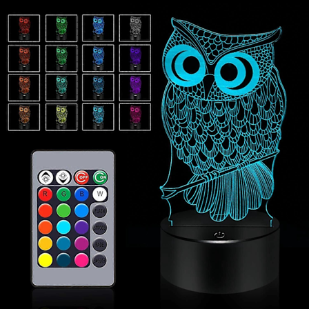 SBSG Pöllö Lahjat 3D Pöllö Lamppu, Kosketus- ja Kaukosäädin - 16 Värin Vaihtuva Yövalo - Makuuhuoneen Koristelu Lelut