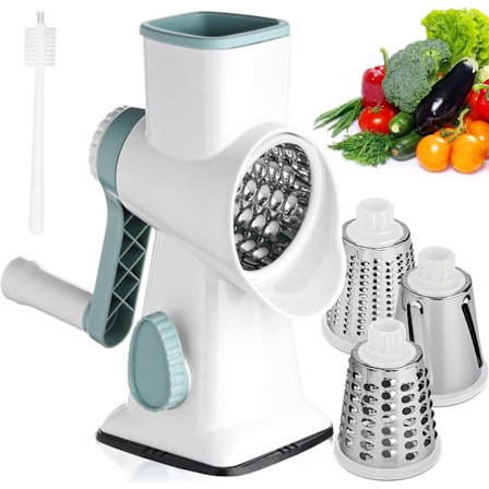 Pyörivä juustoraastin, käsikäyttöinen juustohöylä, keittiön vihannesleikkuri, liukumaton imukuppipohja ja 3 vaihdettavaa terää.