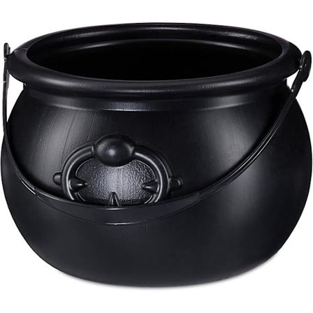 Heksegryte, dekorativ godterigryte, gullhode, heksetilbehør, dekorasjon, plast, H x D: 13 x 19 cm, svart