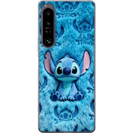 Kompatibel Mobilcover til Sony Sony Xperia 1 IV Stitch sidder på fluffy blåt mønster med sit ansigt og ører gentaget som tekstur, hvilket skaber e