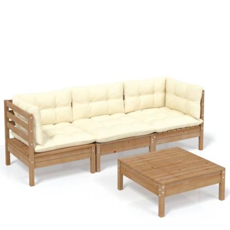 Vidaxl Loungegrupp Med Gräddvit Dynor 4 Delar Furu Brun