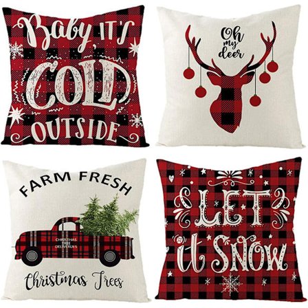 Julepuderbetræk 18x18 tommer Sæt af 4 Landhus Sort og Rød Buffalo Plaid Pude