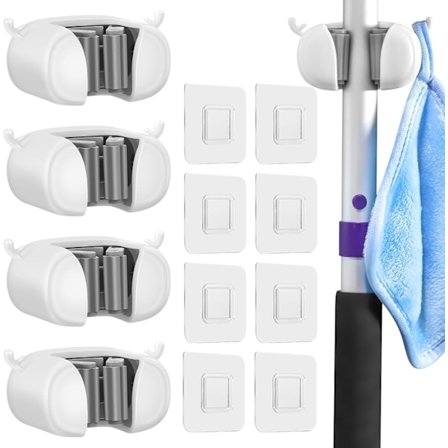 Kosterholder veggmontert, 4-pak selvklebende mopp- og kosterholder med krokdesign, kostveggmontert arrangør børsteholder for bad, kjøkken