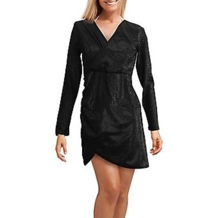 Höst/Vinter Långärmad Festklänning Kvinnors Sexig Silverpaljettklänning Djup V-ringad Sekvenserad Mini Slank Klänning (Svart)