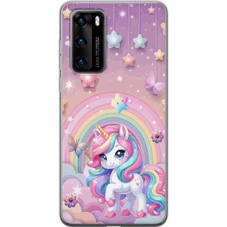 Kompatibel Mobilcover til Huawei P40 Magisk enhjørning med regnbue manke, stjerner og sommerfugle mod en pastelfarvet himmel med skyer