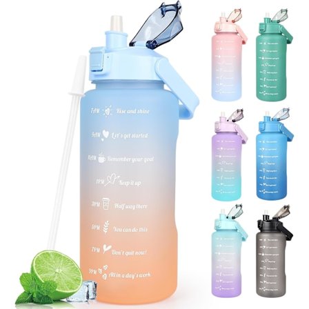 Vattenflaska 2L BPA-fri Sportdryckstunna med Tidsmärkning & Låslock, Läckagesäker 2 Liters Vattenflaska med Bärbart Handtag, Blå Vattenkanna