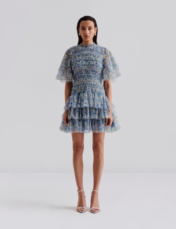 Malina Minnie Short Sleeve Lace Mini Dress - Blue - L