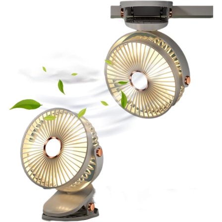 Bordventilator med klemme og lys USB Genopladelig 2400mAh 5 Hastighedsniveauer Luftstrøm Bærbar Personlig Mini Ventilator 6 tommer Camping Hjem Rejse 