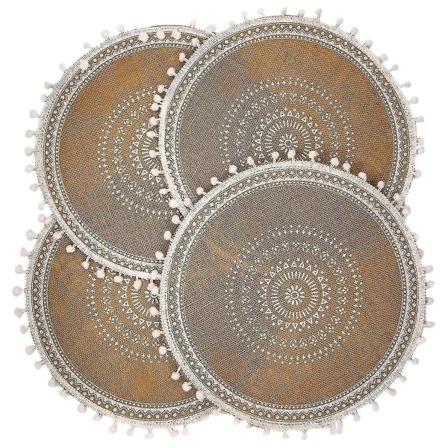 Runde Plassmatter Sett med 4, Boho Vevd Jute Bordmatter (Hvit Ball)