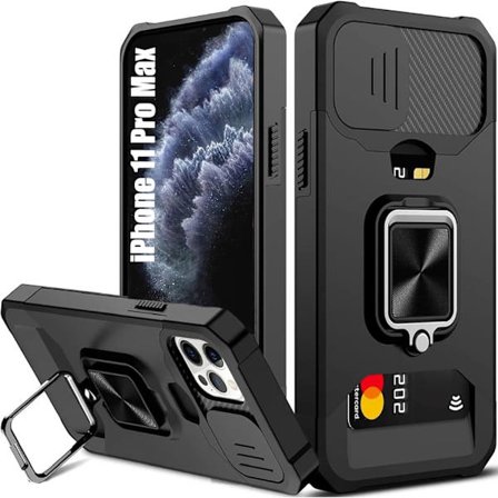 Etui til iPhone 17 Pro Max med [Kortholder][Slide Kamera Dækning][360° Roterende Ring Støttefod] Robust Beskyttende Etui Telefoncover