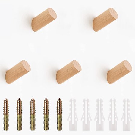 Knagerække i træ, 5 stk. vægmonteret knagerække i trædesign, rund træknage til ophængning af frakker, kjoler, tørklæder og hatte