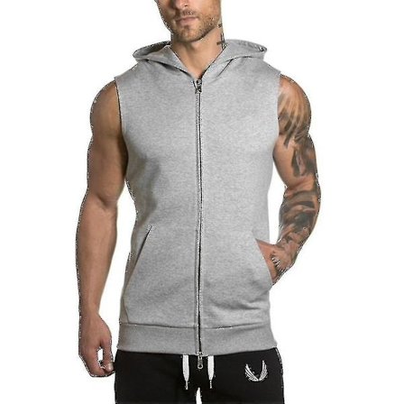 Ermeløs hettegenser for menn, glidelås, hettegenser, sweatshirt, topp, gym, sport, vest, jakke, frakk