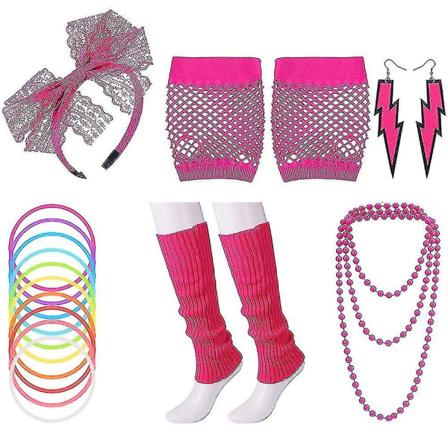Kvinders Vintage 80'er Kostume Tilbehørssæt Benfiskenet Handsker Hårbånd Øreringe Halsk Armbånd Fancy D Rose Red