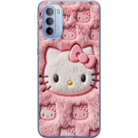 Kompatibel Mobilcover til Motorola Moto G31 Hello Kitty lyserød fluffy baggrund med ikonisk ansigt og kawaii-æstetik