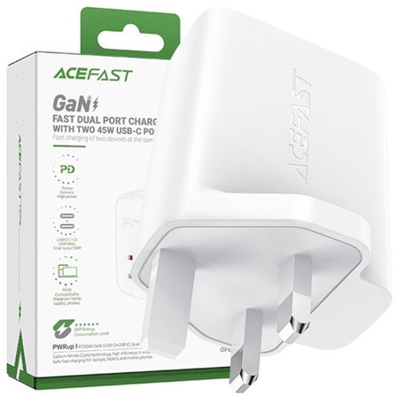 Acefast GaN lader 65W 3 porter (1xUSB, 2xUSB C PD) hvit UK plugg (A44)