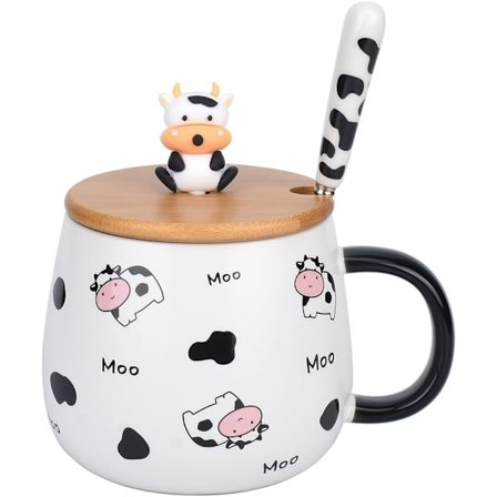 Sød Dyr Kaffekrus med Låg og Ske, Søde Ko Print Gaver, Keramisk Tekop, Kawaii Kop, Kaffekop Gave - 480ml