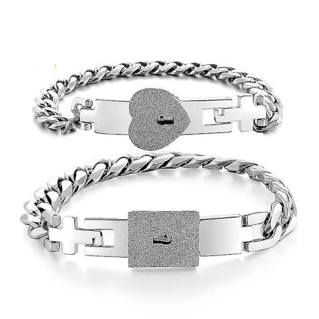 2 st Silver Tone Rostfritt Stål Kärlek Hjärtformad Lås Armband Med Lås Nyckel Bangles Kit Par Smycken Set Present