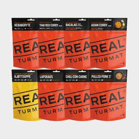 Confezione grande cibo liofilizzato / cibo da campeggio Real Turmat, senza glutine, 8-pack, 3720 grammi