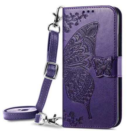 [LLC] Etui til iPhone 14 Pro Max mørklilla læder crossbody talje skulder lang snor pung