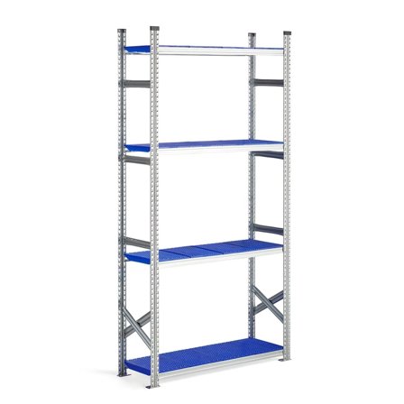 Reol grunnseksjon med blå plasthyller, 2500x1200x400 mm