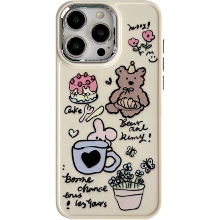 Söpö sarjakuva karhu pupu kakku kukka kukkaruukku pehmeä puhelinkotelo, yhteensopiva iPhone-kotelon kanssa (Valkoinen, iPhone 16 Pro Maxille)