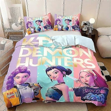 3-osainen setti (1 pussilakana + 2 tyynyliinaa, ilman sisusta) Kpop D-demon Hunters tyttöryhmäelementeillä painettu pussilakanasetti, pehmeä ja