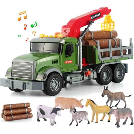 Timber Logging Truck med funktionel læssekran Legetøj & Bundt af logs, Stor 15" Semi Transport Tow Truck Hauler Legesæt til børn
