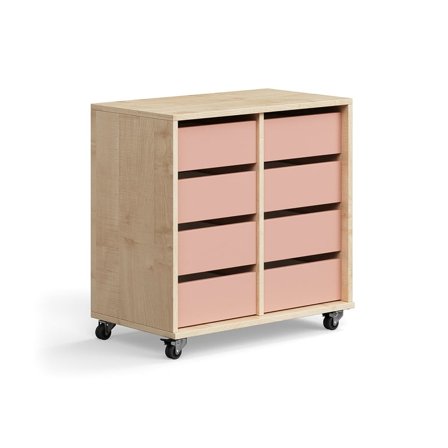 Student storage CASPER, 8 drawers, birch, dark pink