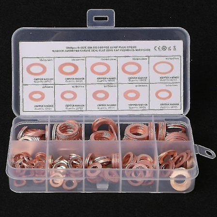 200 stk kobberbrikkesett med 9 størrelser flate ringforseglinger med plastboks