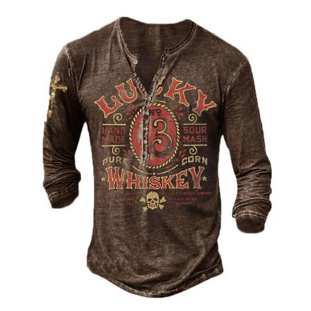 Printed Långärmad Henley-skjorta Lös Casual T-shirt
