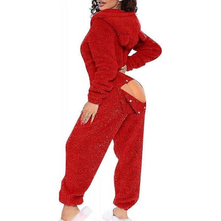 Sexiga vuxen-onesie-pyjamas för kvinnor med baklucka, fleecefodrad onesie med huva, fluffiga nattkläder för damer, Black Friday Red_qcx