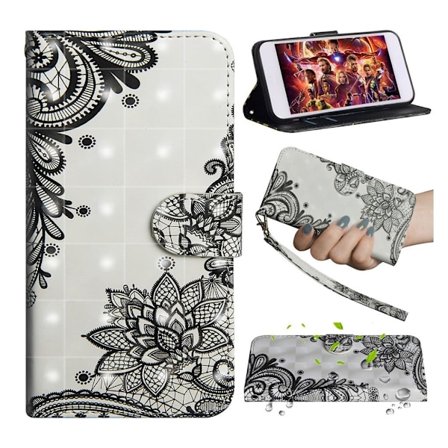 Samsung Galaxy A50 kuviollinen nahkakotelo - Musta Kukka