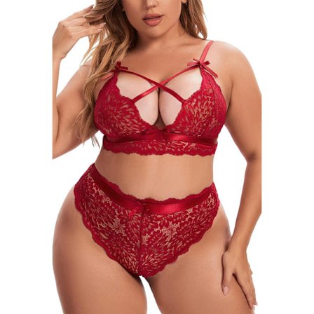 nmei Plus Size Lingeri Sæt til Kvinder Højtaljet BH og Trussesæt Sexy Kryds-kryds Blonder Bralette Sæt 2 Dele Undertøj Rød XX-Large