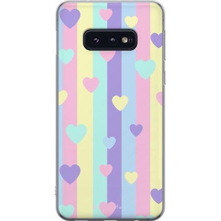 Yhteensopiva Puhelinkuori Samsung Galaxy S10e Pastelliraitoja pinkissä, keltaisessa, violetissa ja sinisessä, joissa on hajallaan pehmeitä kawaii-tyyl