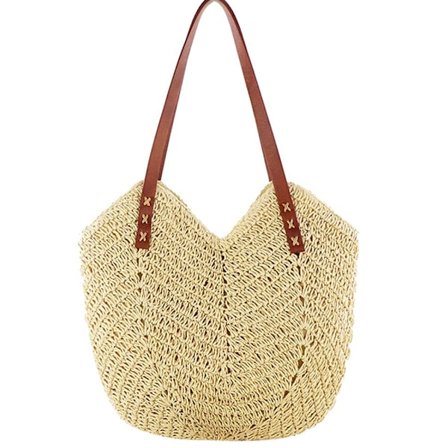 Dame hul vevd strandveske, bohemske håndvevde skuldervesker, kurvveske, stråveske, raffiaveske, sommerstråveske med glidelås og lær