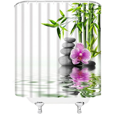 Zen Duschdraperier Grönt Bambu Lila Blomma Sten Reflektion W