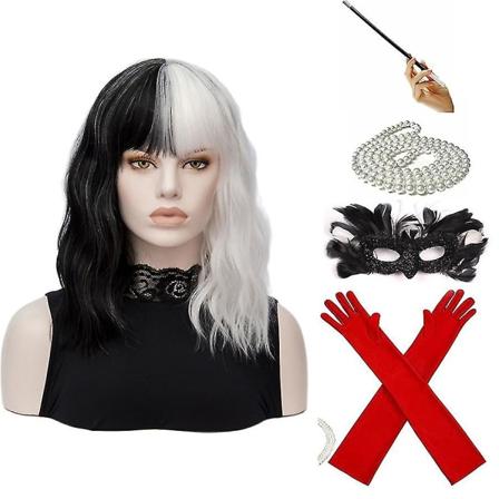 Cosplay Halloween Kostymefest Parukk Cruella De Vil Svart Hvit Med Pannelugg Kort Bob Dame Varmebestandig Syntetisk Parukk F2
