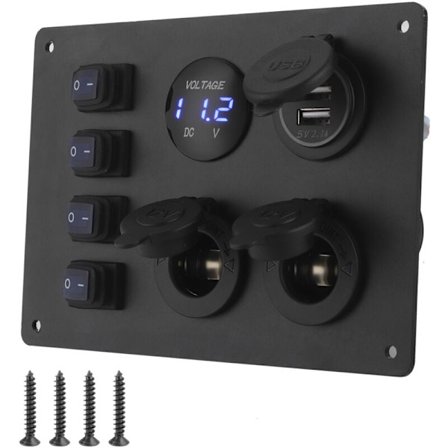 /EA/Panel med 4-vejs vandtæt kontakt med dobbelt USB-port og spændingsdisplay, 12 V-stik til bil, båd, autocamper