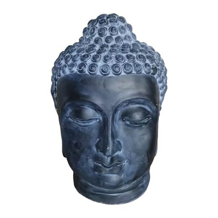 Buddha hovedskulptur, polyresin, lavastenfinish
