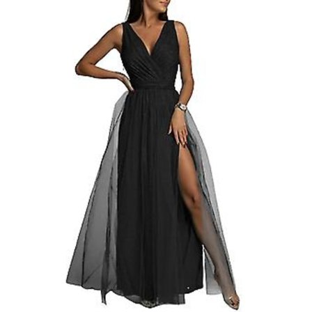 Dame V-hals Brudepige Bryllup Maxi Kjole Dame Galla Balkjole Aften Cocktail Party Slids Lange Kjoler Bedste Gave (2XL Sort)