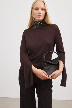 Premium Selection - Strikket topp i merinoull med høy hals - Pologenser - Brun - L