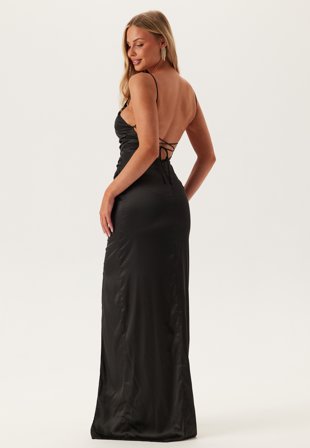 Bubbleroom Occasion - Ruched Satin Strap Gown - Black - Kläder